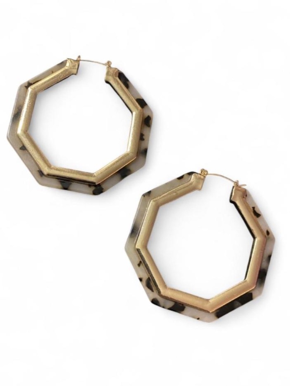 Oversized Tortoiseshell Geometric Hoop Earrings Cream and Black Gold Accent Trim